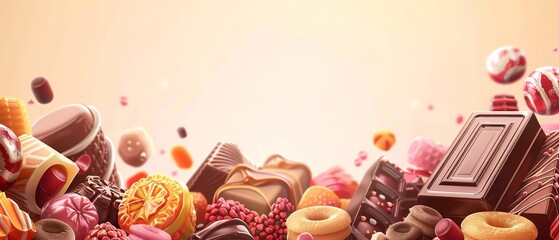 Fototapete - A realistic art for an ad involving multicoloured confectionery in an animated style, a notion of selling sweets and candy bars, Generative AI.
