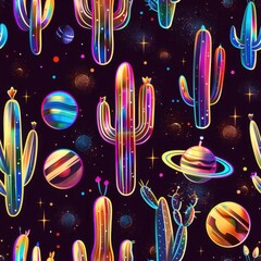 Wall Mural - vibrant cosmic cactus wonderland with planets and stars