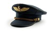 © MoodQueen51 - A solo golden aviation glyph represents a pilot's cap used in civil aviation or air transport isolated on a stark white backdrop with large text accommodation, Generative AI.