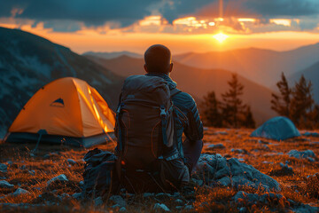 Canvas Print - AI generated picture of people enjoying summer weekend in mountain