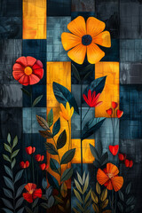 Poster - Sleek design of abstract geometric blocks combined with swirling flower and leaf patterns in a retro risograph print,