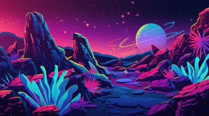 Wall Mural - vibrant cosmic landscape with alien planet and neon flora