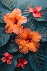Poster - Clean and modern image of vibrant flowers and leaves arranged in a geometric pattern, printed in risograph style,