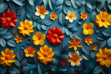Poster - Minimalist aesthetic of colorful geometric shapes with retro flower and leaf motifs, creating a playful and psychedelic effect,