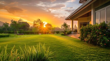 Wall Mural - Empty front or back yard at the sunset with copy space