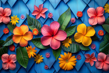 Poster - Minimalist aesthetic of colorful geometric shapes with retro flower and leaf motifs, creating a playful and psychedelic effect,