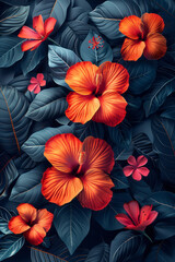 Poster - Sleek design featuring abstract flowers and leaves intertwined with geometric shapes, creating a retro psychedelic feel,
