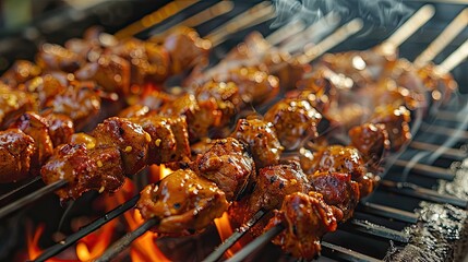 Wall Mural - A grill with meat on it and smoke coming out of it. The meat is being cooked on skewers