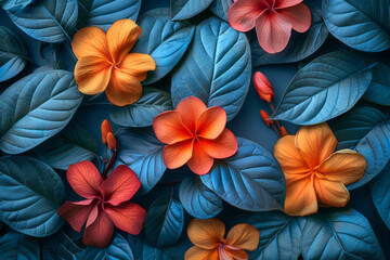 Poster - Minimalist aesthetic of colorful flowers and leaves arranged in a modern geometric composition with a psychedelic touch,