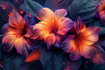 Poster - Sleek design featuring abstract flowers and leaves intertwined with geometric forms, producing a retro psychedelic print,