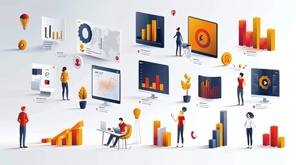 Wall Mural - vector, illustration, Business Marketing illustrations. scenes with men and women taking part in business activities. Trendy vector style