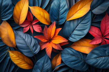 Poster - Minimalist representation of abstract shapes with bright colors and detailed leaf motifs, creating a lively design,