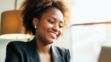Fototapete - This professional woman smiles while typing on her laptop in an office setting.