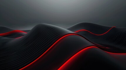 Wall Mural - Abstract 3D Rendering of Black Wavy Surface with Red Neon Lights