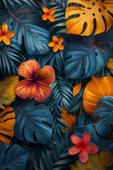 Poster - Clean and modern image of vibrant geometric forms interwoven with colorful floral and leaf patterns,