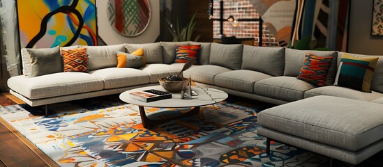 A cozy living room with a sectional sofa a round coffee table and a patterned area rug The space is decorated with colorful throw pillows and modern art