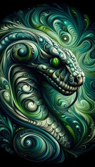 Sticker - Abstract portrait of a cobra with green swirling patterns generative ai