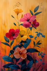 Poster - Clean depiction of overlapping geometric blocks and colorful flower motifs, producing a striking composition,