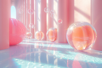 Poster - Minimalist aesthetic of abstract 3D shapes with shimmering holo effects, floating in a surreal void,