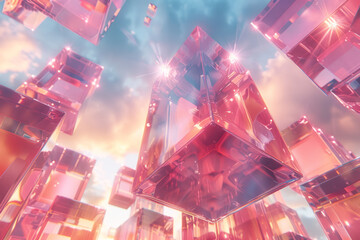 Poster - Minimalist aesthetic of layered 3D shapes with shimmering holo effects, creating a dreamy and captivating visual,