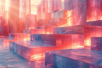 Poster - Minimalist aesthetic of layered 3D shapes with shimmering holo effects, creating a dreamy and captivating visual,