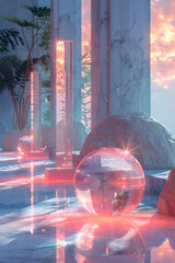 Aufkleber - Minimalist scene of surreal 3D shapes with holo effects, creating a sense of depth and fluidity,