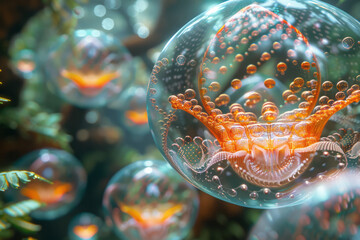 Poster - Clean image of floating holographic shapes with intricate details, set in a surreal 3D environment,