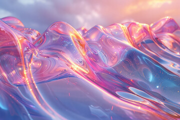 Poster - Elegant depiction of morphing 3D forms with iridescent surfaces, producing a surreal holographic composition,