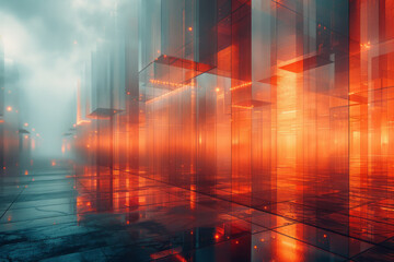 Poster - Modern geometric design with Perspex shapes, illuminated by light leaks and surrounded by fog and bokeh,
