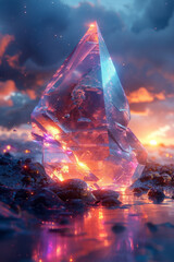 Poster - Elegant composition of geometric forms with chromatic aberrations and light leaks, set against a synthwave-inspired backdrop,