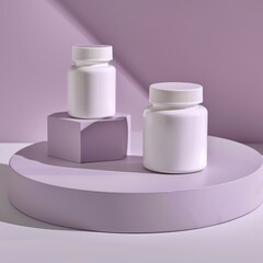 Wall Mural - Two white plastic bottles on geometric pedestals, set against a pastel lavender background.