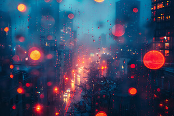 Poster - Elegant view of a smoky cityscape with light leaks and lens aberrations, creating a cinematic synthwave aesthetic,