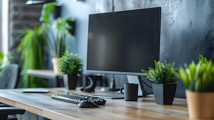 Poster - streamlined professional workspace with dual monitors and greenery accents