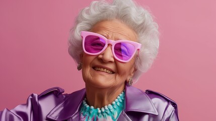 Wall Mural - A woman in a purple jacket and pink sunglasses is smiling. Concept of fun and playfulness, as the woman is wearing sunglasses that are not typically worn by older people