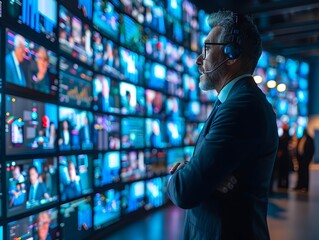 Poster - Business Team Video Conferencing with International Partners on Large Screen
