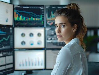 Poster - Businesswoman Analyzing Market Trends on Multiple Screens in a Modern Office