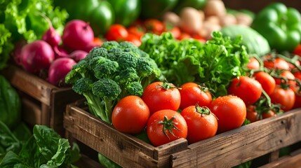 Wall Mural - Wooden Crates Filled with Fresh Produce at the Farmer's Market