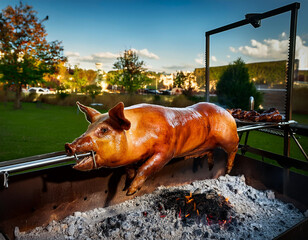 A piglet on a rotisserie. Roasting piglet