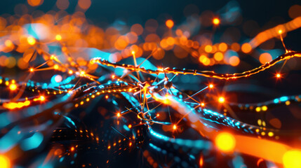 Poster - Abstract close-up of vibrant orange and blue glowing lines intertwined against a dark background, creating a digital network effect