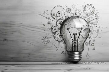 Wall Mural - basic sketch of a lightbulb and gears, [business innovation], [creative idea], no logo, no trademark
