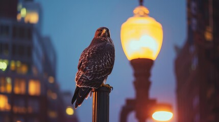 A majestic bird of prey perched atop a city lamp post at dusk