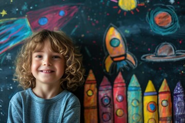 basic child with a rocket and space drawings, [astronomy], [primary learning], no logo, no trademark