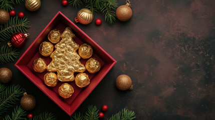 Wall Mural - luxury gold chocolates in festive red box with Christmas decorations