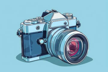 A camera with a lens on a blue background, useful for product photography or marketing materials