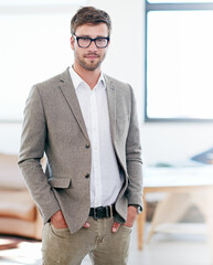 Poster - Office, glasses and portrait of businessman with pride for corporate job, ambition and confidence. Company, advocate and face with eyewear at law firm for legal career, employee and workplace