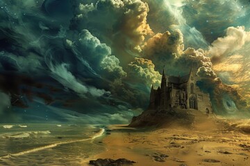 mysterious castle on a beach with a stormy sky