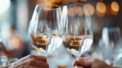 An engaging close-up of two wine glasses in the act of a traditional toast, with both glasses prominently in focus and surrounded by a softly blurred, warm background of light.