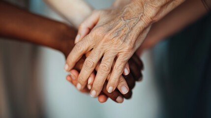 Various hands, ranging from young to elderly, are placed together in a gesture of unity, symbolizing solidarity, support, and the generational bond between different ages and backgrounds.