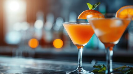 Wall Mural - A vibrant photo of a refreshing orange cocktail, complete with a garnish, set against a stylish bar backdrop, perfectly capturing the essence of a lively and inviting drink scene.