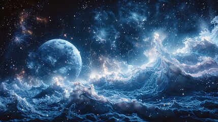 abstract blue galaxy background with planet and stars
